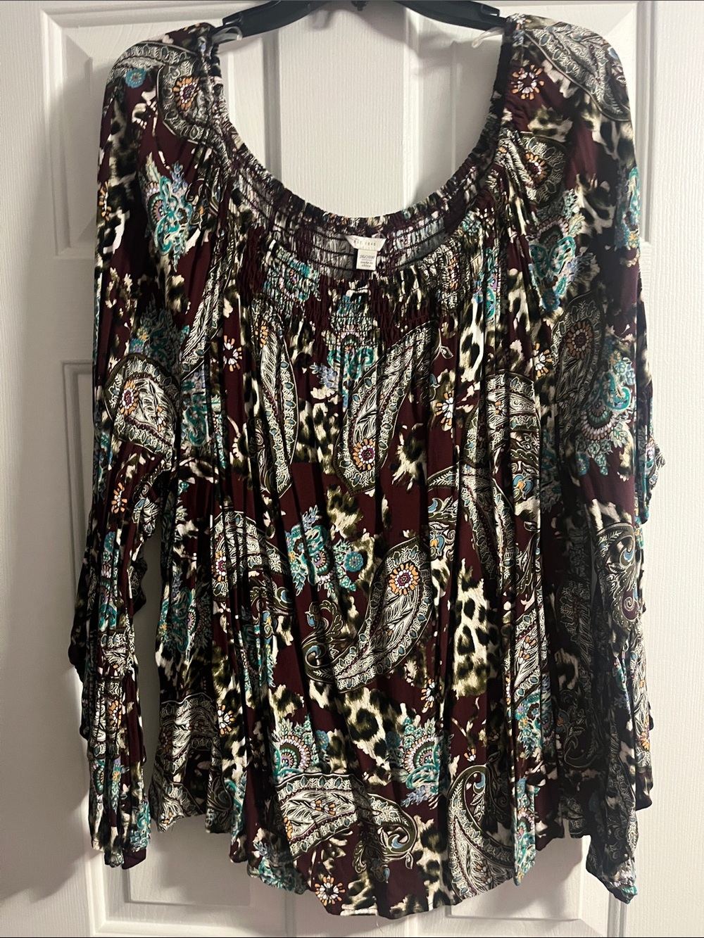 Cato Burgundy Paisley Peasant Blouse with Turquoise Accents